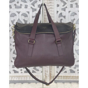 FOSSIL Large Preston Satchel Work Tote Brown Raisin Black Leather Zipper Bag